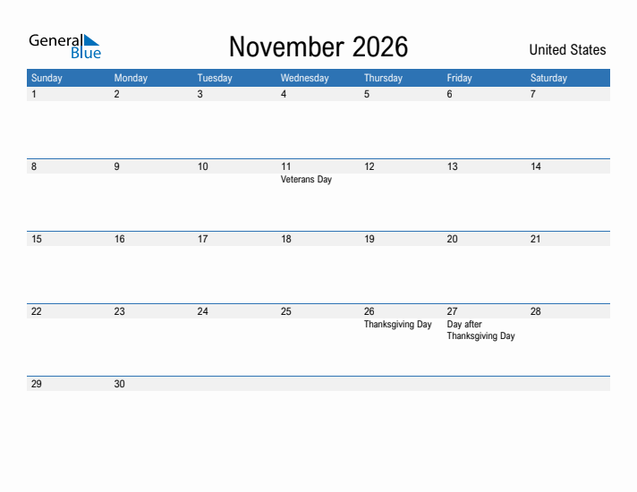 November 2026 Monthly Calendars With United States Holidays