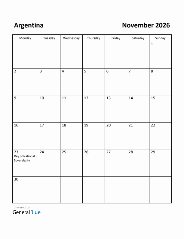 November 2026 Calendar with Argentina Holidays