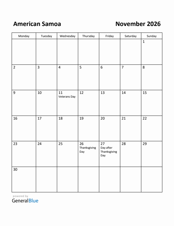 November 2026 Calendar with American Samoa Holidays