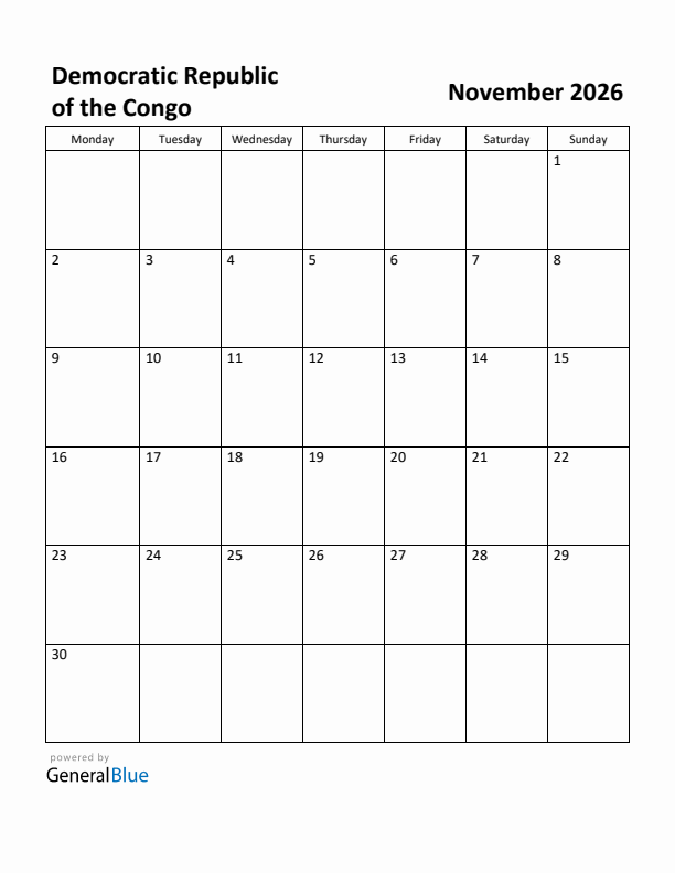 November 2026 Calendar with Democratic Republic of the Congo Holidays
