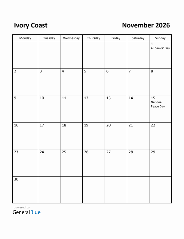 November 2026 Calendar with Ivory Coast Holidays