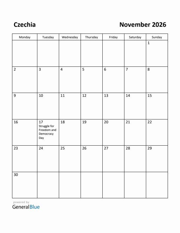 November 2026 Calendar with Czechia Holidays