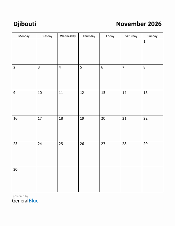November 2026 Calendar with Djibouti Holidays