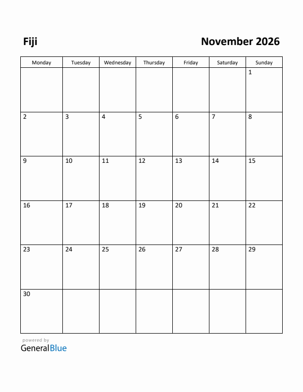 November 2026 Calendar with Fiji Holidays