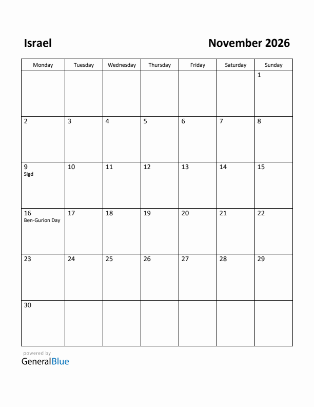 November 2026 Calendar with Israel Holidays