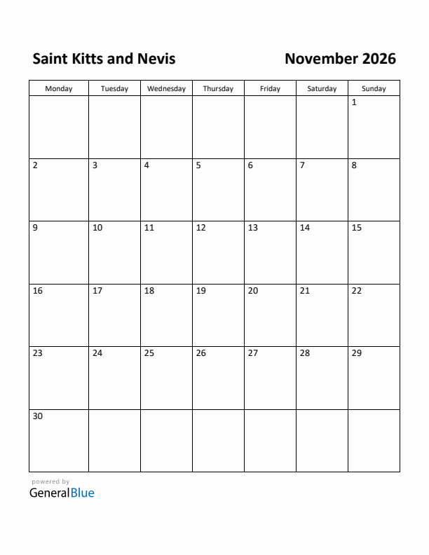 November 2026 Calendar with Saint Kitts and Nevis Holidays