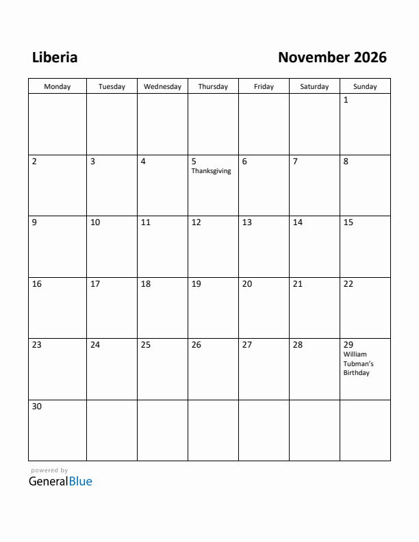 November 2026 Calendar with Liberia Holidays