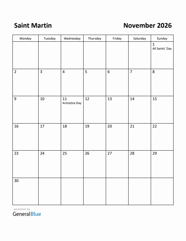 November 2026 Calendar with Saint Martin Holidays