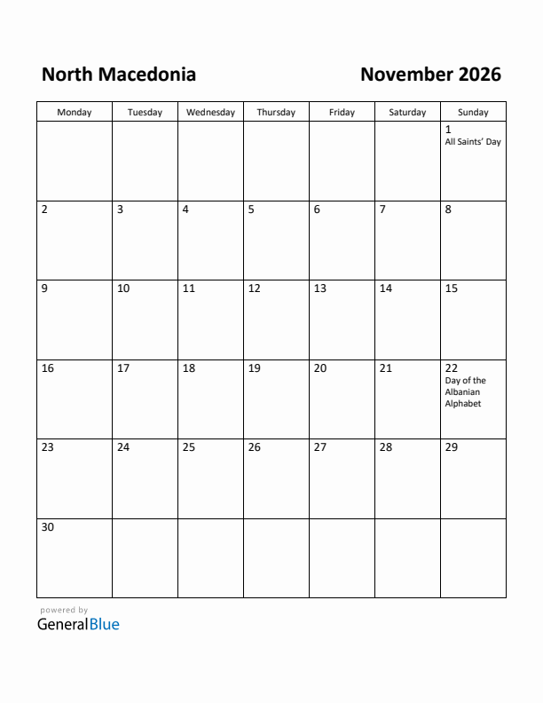 November 2026 Calendar with North Macedonia Holidays