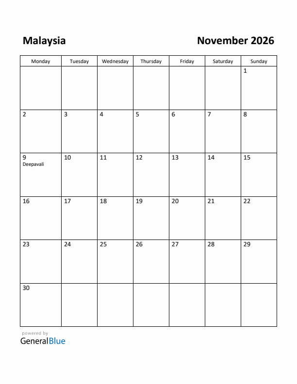 November 2026 Calendar with Malaysia Holidays