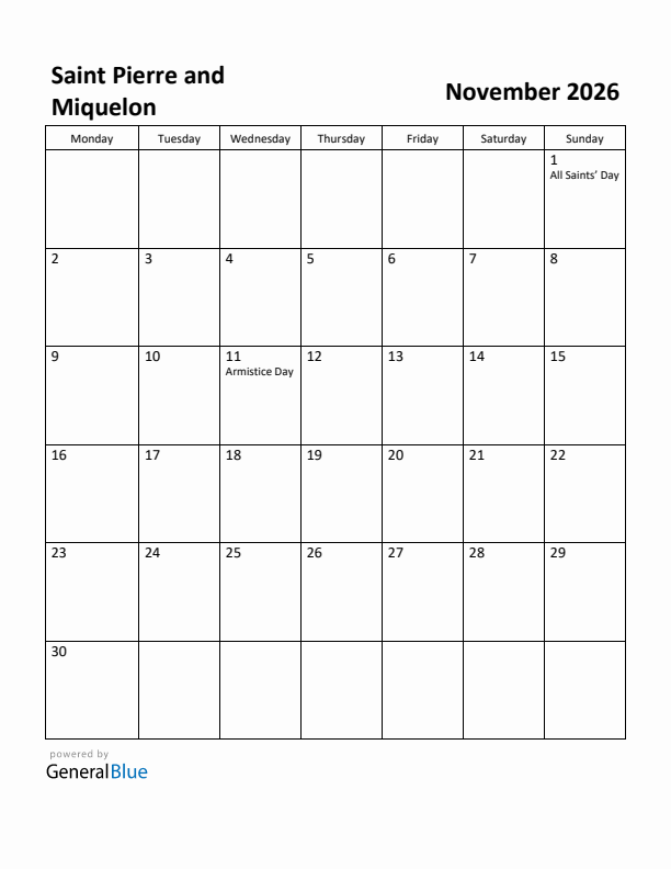 November 2026 Calendar with Saint Pierre and Miquelon Holidays