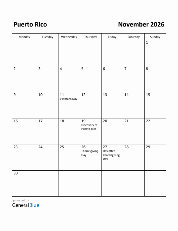 November 2026 Calendar with Puerto Rico Holidays