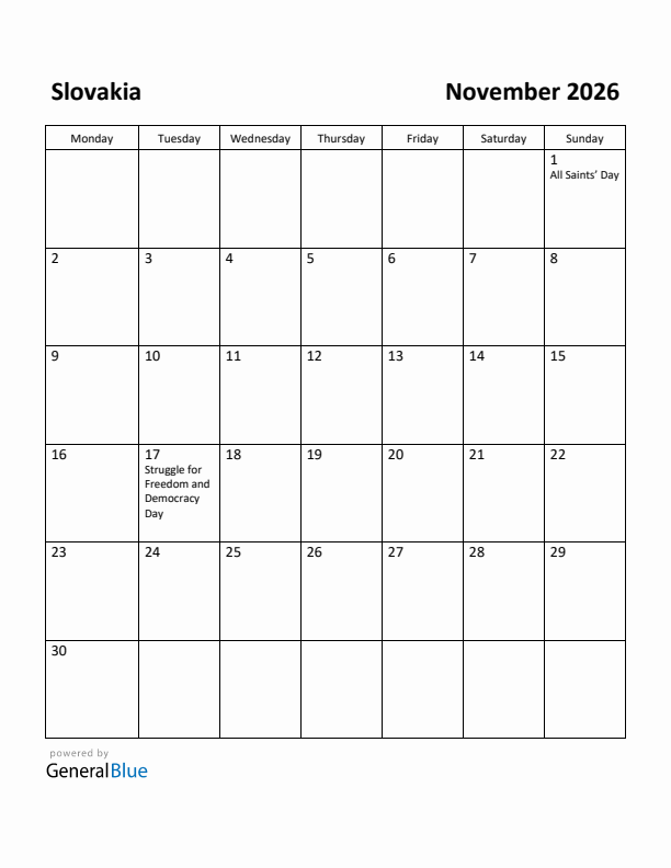 November 2026 Calendar with Slovakia Holidays