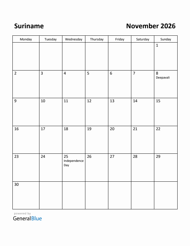 November 2026 Calendar with Suriname Holidays
