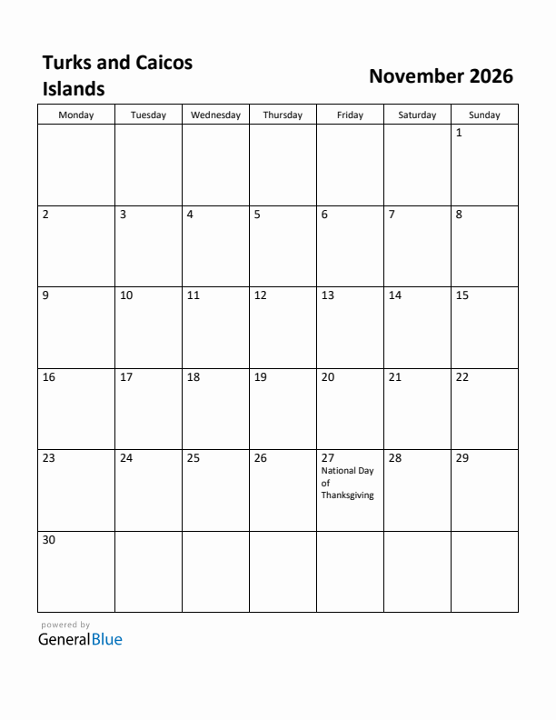 November 2026 Calendar with Turks and Caicos Islands Holidays
