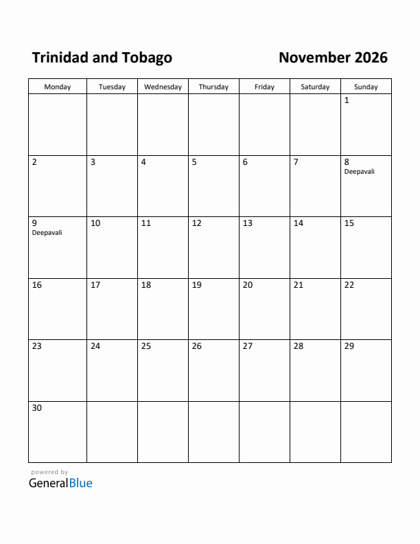November 2026 Calendar with Trinidad and Tobago Holidays