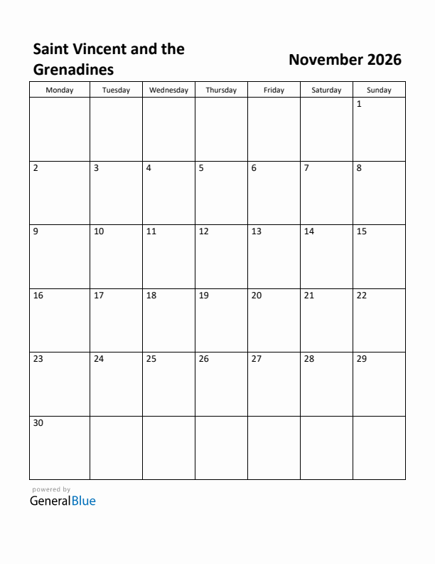 November 2026 Calendar with Saint Vincent and the Grenadines Holidays