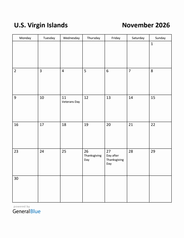 November 2026 Calendar with U.S. Virgin Islands Holidays