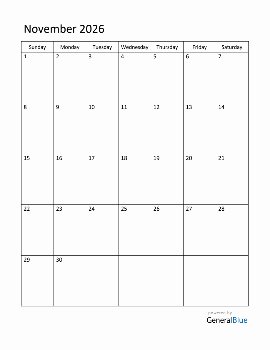 Editable November 2026 Monthly Calendar Editable November 2026 Monthly Calendar