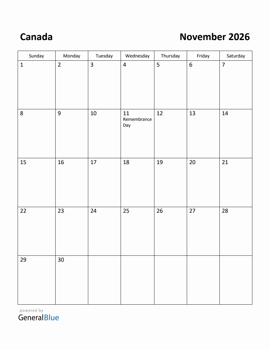 Free Printable November 2026 Calendar for Canada Free Printable November 2026 Calendar for Canada