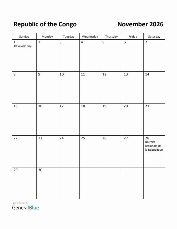 November 2026 Calendar with Republic of the Congo Holidays