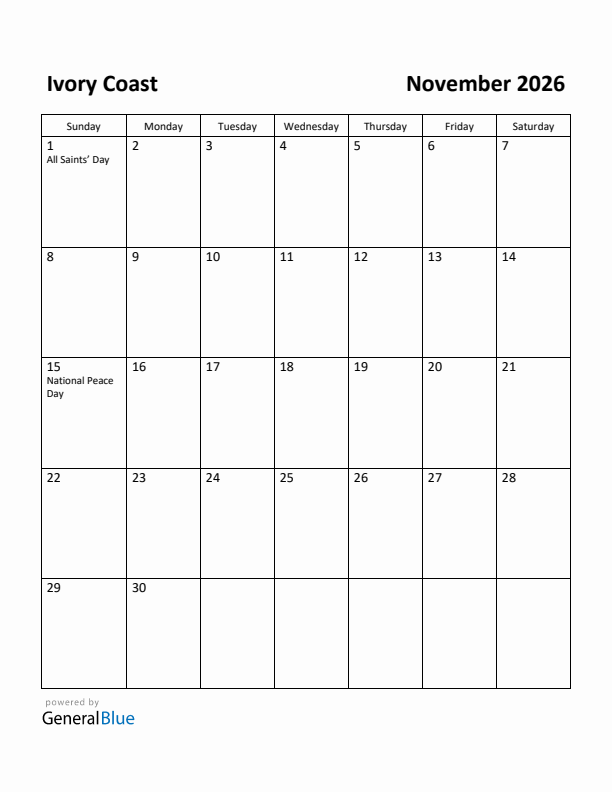 November 2026 Calendar with Ivory Coast Holidays