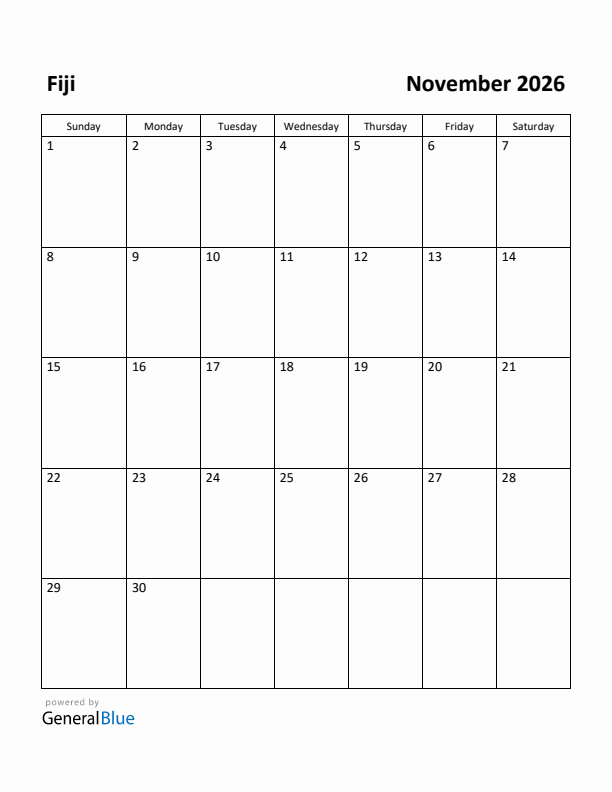November 2026 Calendar with Fiji Holidays
