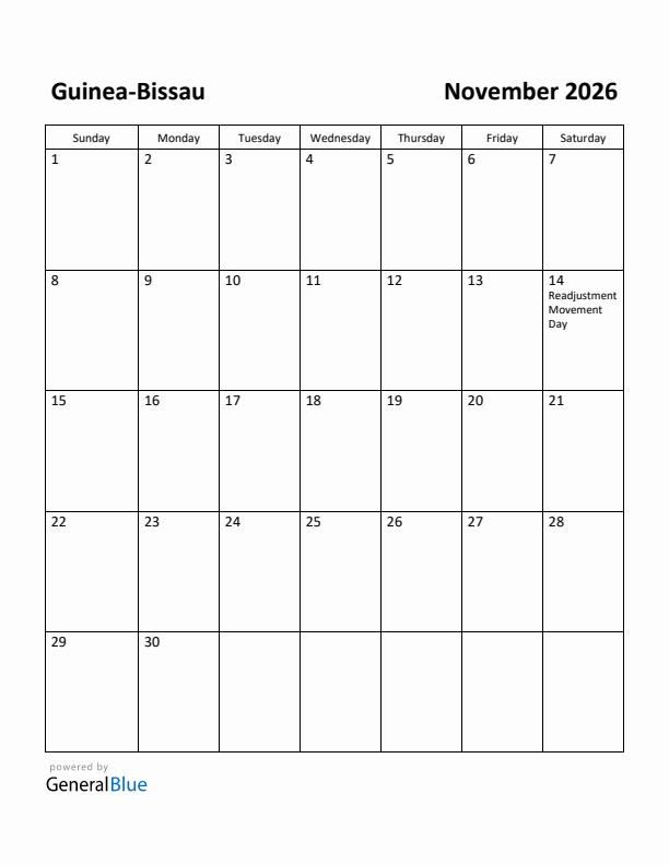 November 2026 Calendar with Guinea-Bissau Holidays