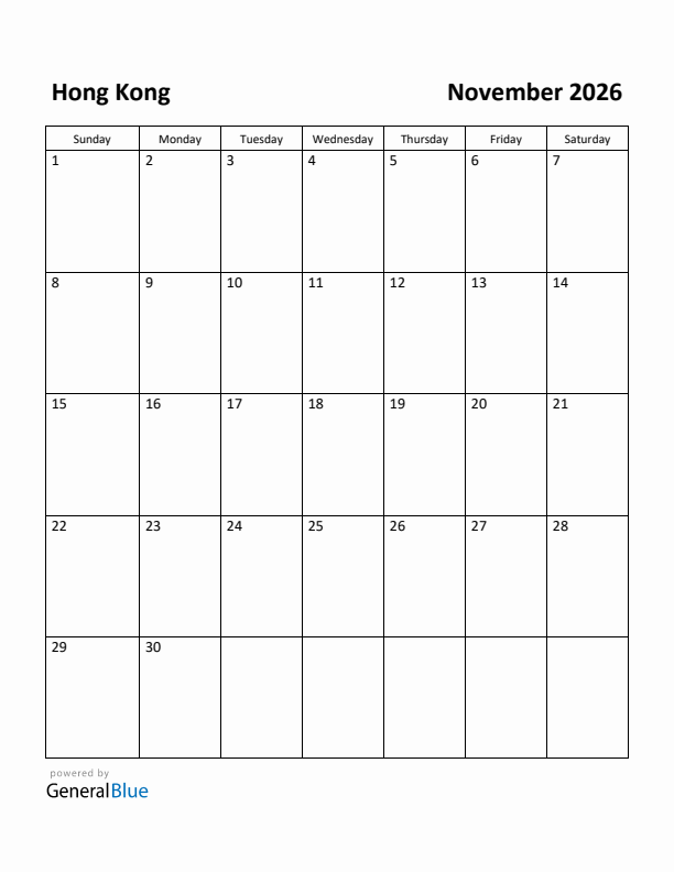 November 2026 Calendar with Hong Kong Holidays