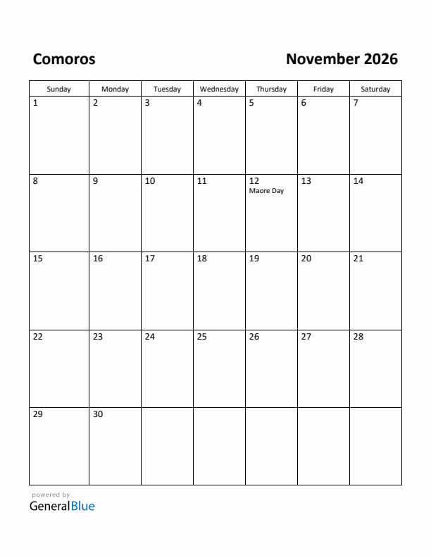 November 2026 Calendar with Comoros Holidays