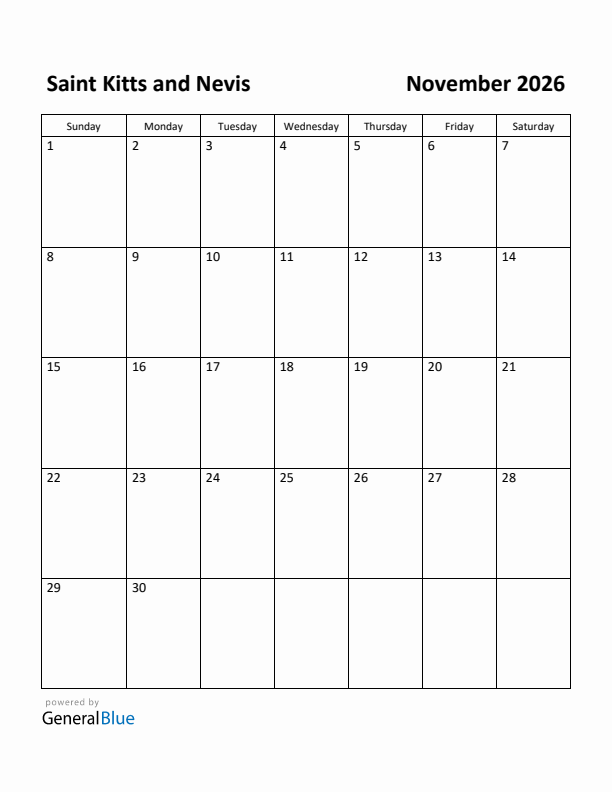 November 2026 Calendar with Saint Kitts and Nevis Holidays