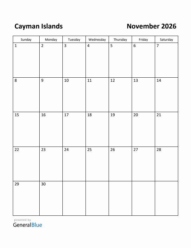 November 2026 Calendar with Cayman Islands Holidays