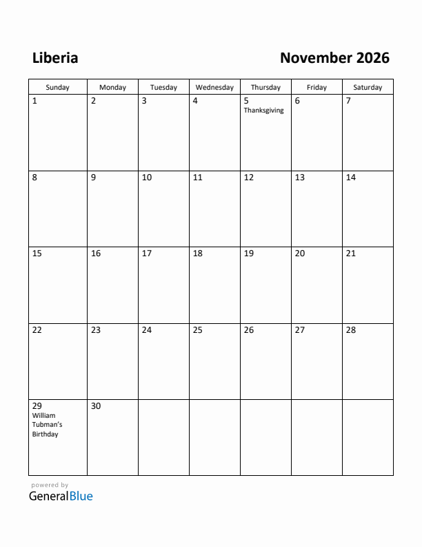 November 2026 Calendar with Liberia Holidays