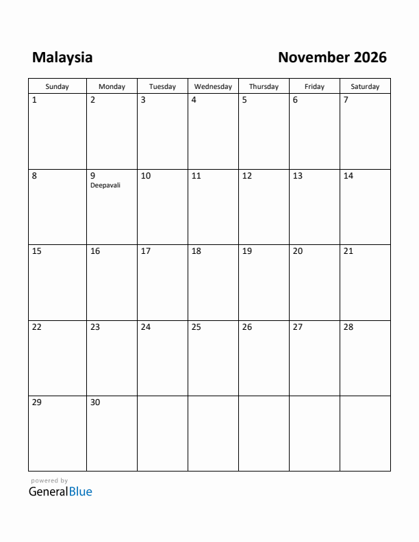 November 2026 Calendar with Malaysia Holidays