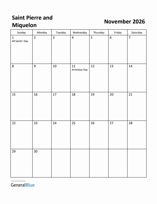 November 2026 Calendar with Saint Pierre and Miquelon Holidays