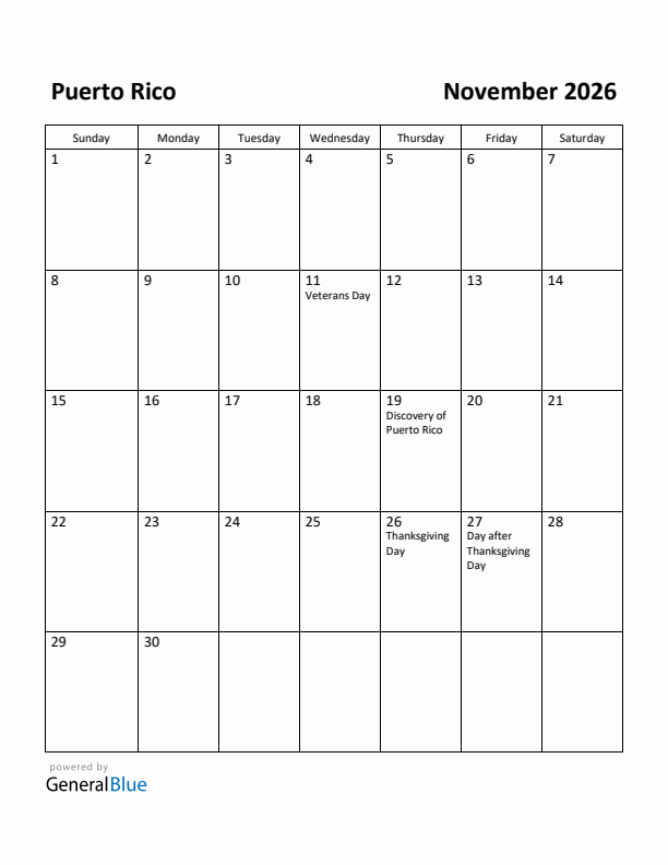 November 2026 Calendar with Puerto Rico Holidays