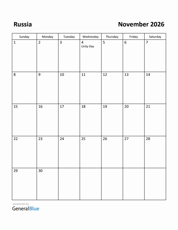 November 2026 Calendar with Russia Holidays