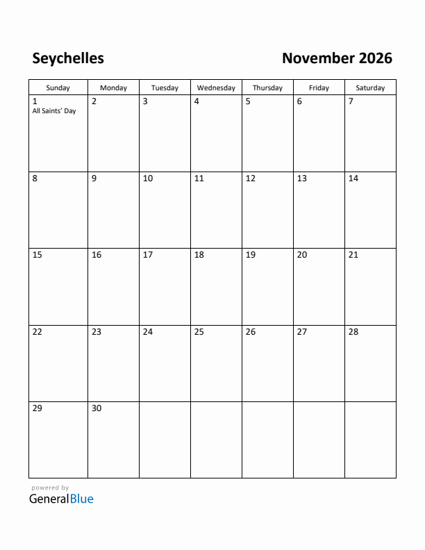 November 2026 Calendar with Seychelles Holidays