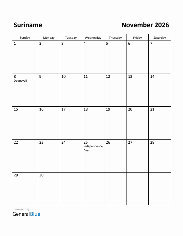 November 2026 Calendar with Suriname Holidays