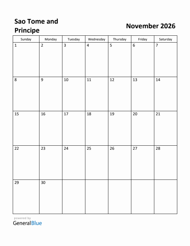 November 2026 Calendar with Sao Tome and Principe Holidays