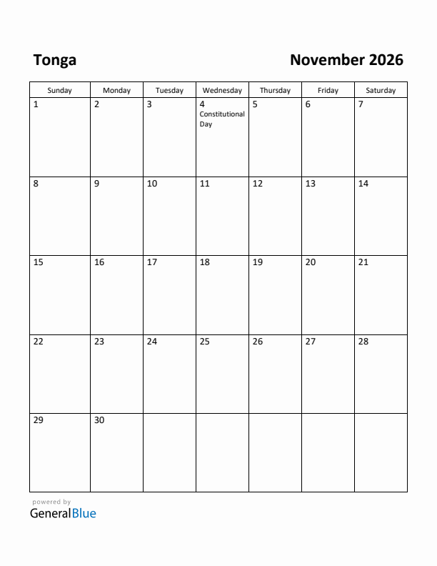 November 2026 Calendar with Tonga Holidays