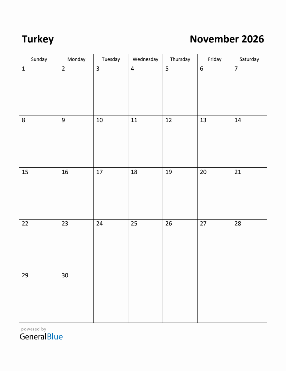 Free Printable November 2026 Calendar for Turkey