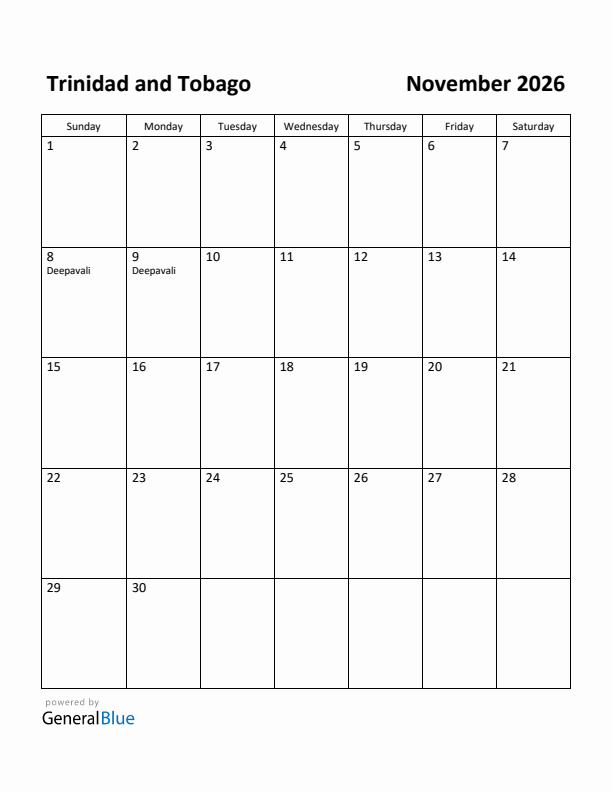 November 2026 Calendar with Trinidad and Tobago Holidays