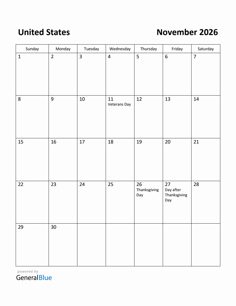 Free Printable November 2026 Calendar for United States