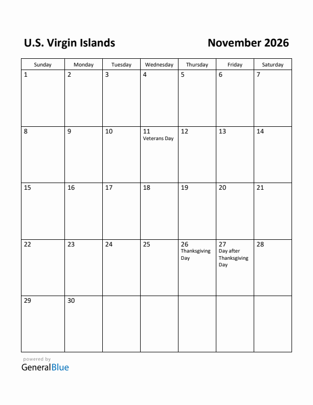 November 2026 Calendar with U.S. Virgin Islands Holidays