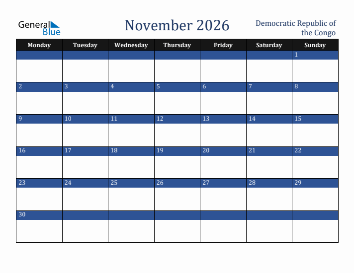 November 2026 Democratic Republic of the Congo Calendar (Monday Start)