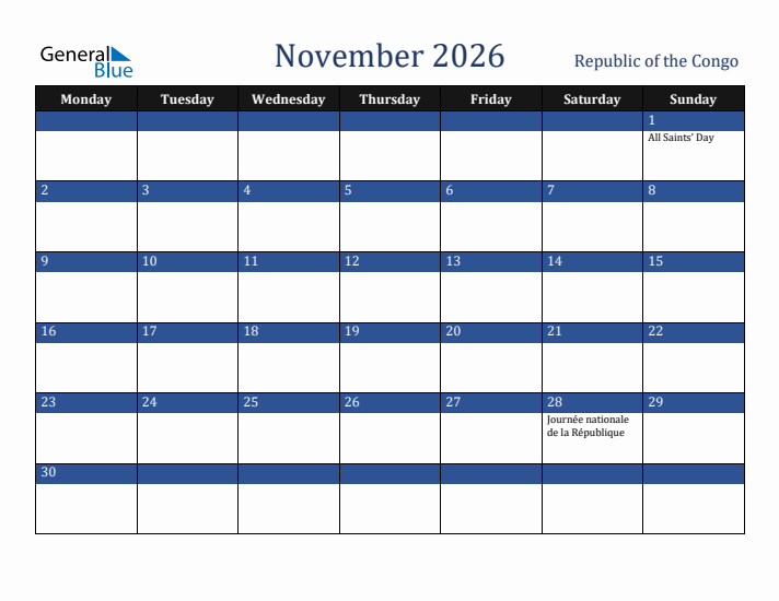 November 2026 Republic of the Congo Calendar (Monday Start)