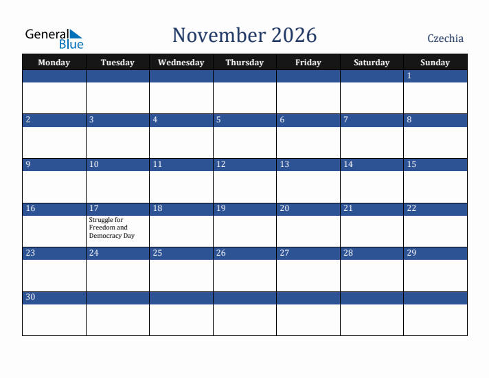 November 2026 Czechia Calendar (Monday Start)