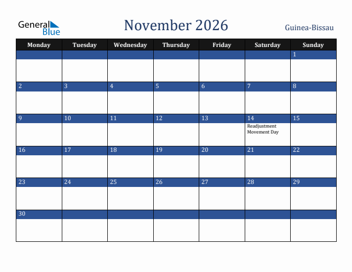 November 2026 Guinea-Bissau Calendar (Monday Start)