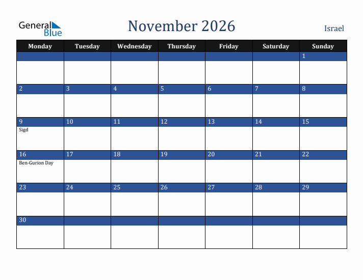 November 2026 Israel Calendar (Monday Start)